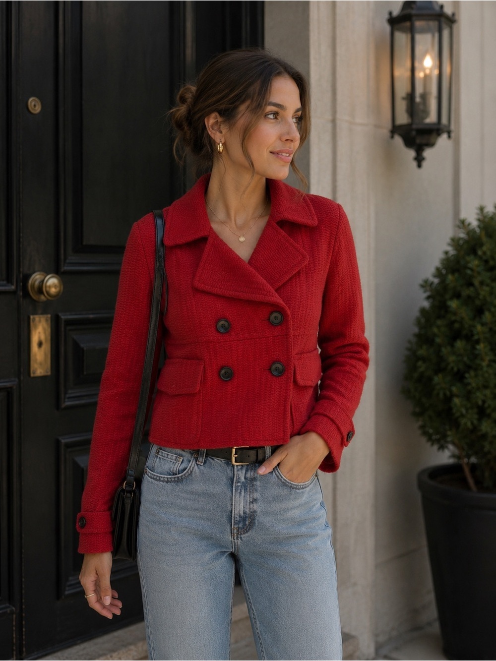 Jones New York Red Textured Double Breasted Jacket